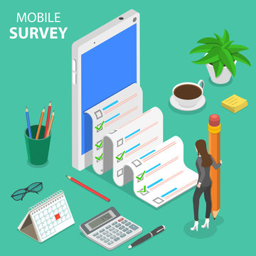 Flat isometric vector concept of mobile survey, customer review, feedback service.