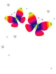 Greeting card design with shiny colorful butterflies and glitter dots.