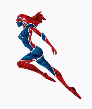 Superhero Flying Action, Cartoon Superhero Woman Jumping Graphic Vector.