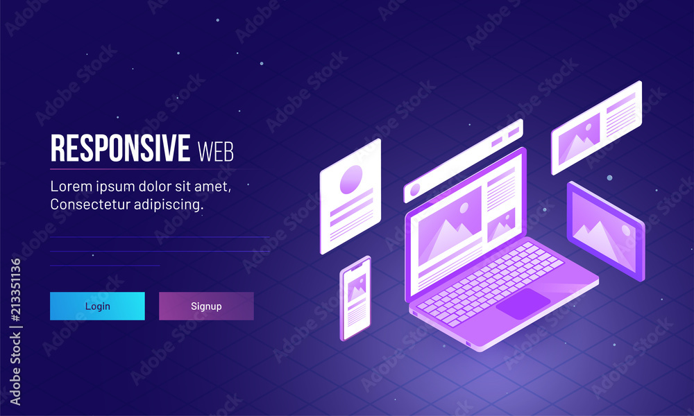 Wall mural 3d isometric illustration of laptop with browser window for responsive web landing page design.