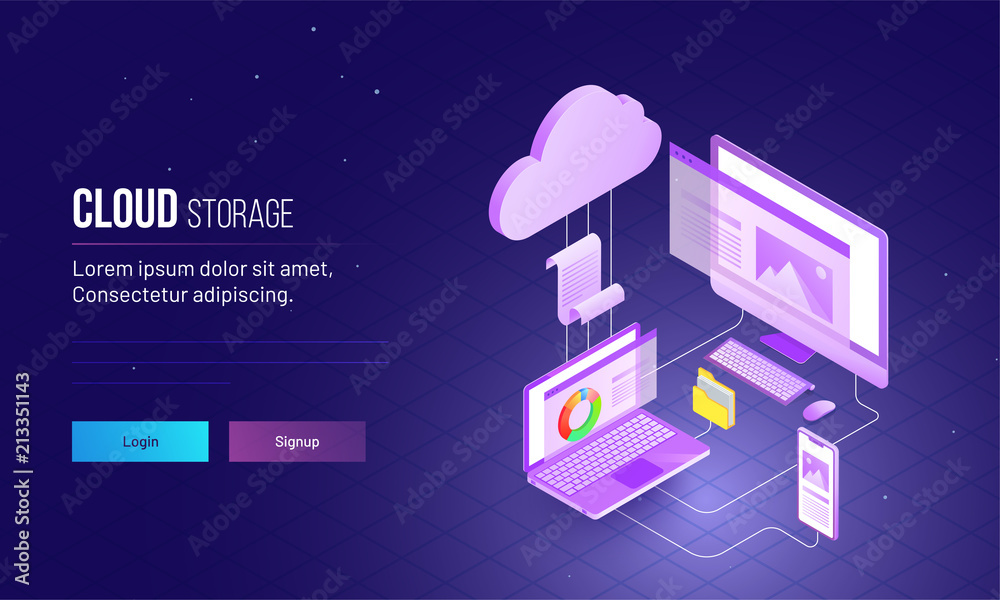 Canvas Prints isometric view of laptop, computer and smartphone connected each other for cloud storage concept bas