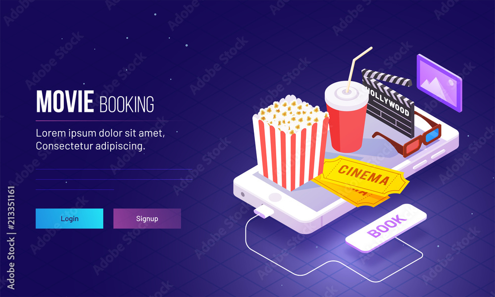 Canvas Prints isometric view for responsive landing page design with fast food and cinema hall equipment on smartp