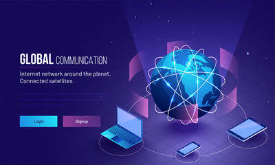 Global network or Communication concept based responsive landing page design with 3D illustration of earth planet connected with three digital device.