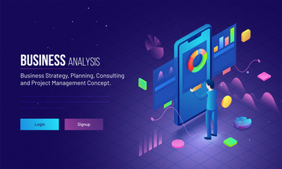 3D illustration of a businessman analysis his company growth for Business analysis or project management concept landing page design.
