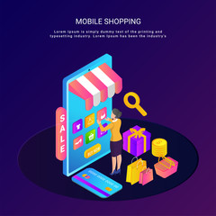 Isometric shopping from mobile concept with a woman selecting items for purchase.