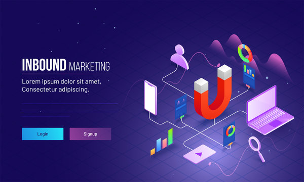 Inbound Marketing based isometric design with magnet as product and other elements are different advertising ways to connect customer or user.