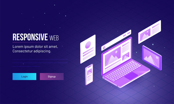 3D isometric illustration of laptop with browser window for Responsive Web landing page design.