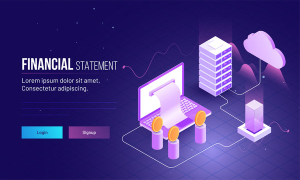 Landing page design for financial statement concept with 3D illustration of laptop, coins and server.