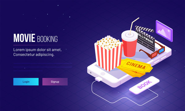 Isometric view for responsive landing page design with fast food and cinema hall equipment on smartphone for Movie Booking concept based landing page.