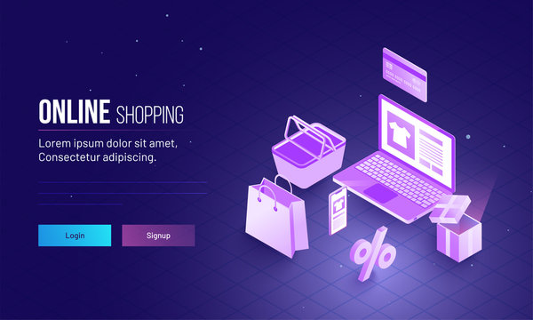 Landing page design with 3D illustration of laptop and shopping bucket, bag and credit or debit card for Online shopping concept.