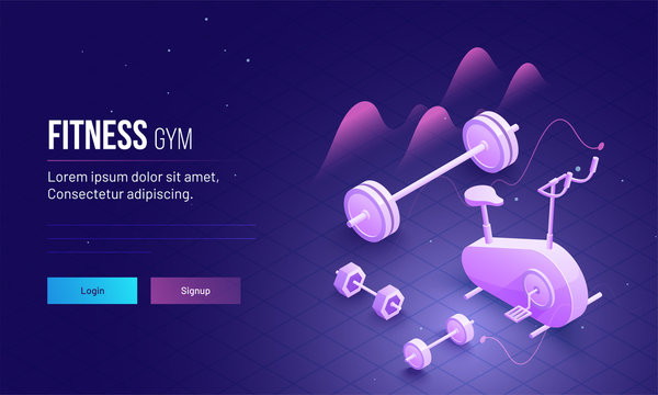 3D Isometric View Of Gym Equipment For Fitness Gym Concept Based Landing Page Design.