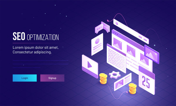 Responsive landing page design with 3D illustration of webpage, email and video play window for SEO Optimization concept.