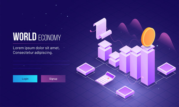 3D isometric view of bar graph, document and calculator to calculate increase or decrease for world economy concept based responsive landing page design.
