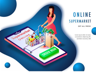 Online supermarket or grocery purchaing concept with a lady carrying grocery cart on a smartphone screen, and Buy Now button. Landing page design for advertisement.