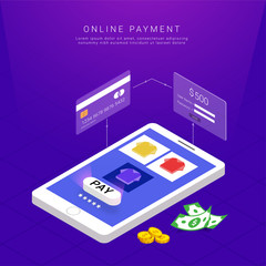 Isometric, online payment from app concept. Internet payments by card and Pay button. Secure money concept with coins and currency notes.