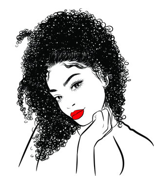 Hand-drawn black woman with curly luxurious hair and big sexy lips.Girl with perfectly shaped eyebrows and full lashes. Idea for business visit card, typography vector.Perfect salon look.