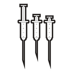 isolated black outline syringes in three sizes vector illustration