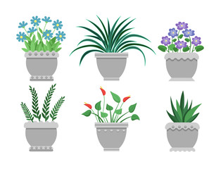 Flower Pots Set of Grey Color Vector Illustration