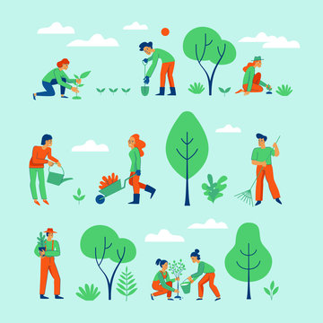 Vector set of illustrations in trendy flat linear style for infographic - gardening concept
