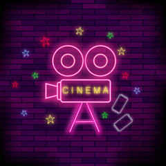 Cinema Light Neon Sign. Pink Signboard. Bright Street Banner.