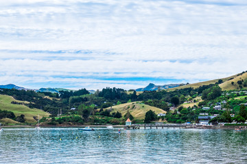 Beautiful landscape of the green mountain and a lake.