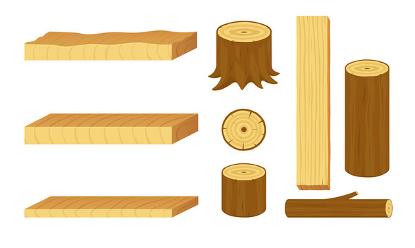 Set of wooden logs, stumps, branches, trunks and boards. Materials for forestry and lumber industry.