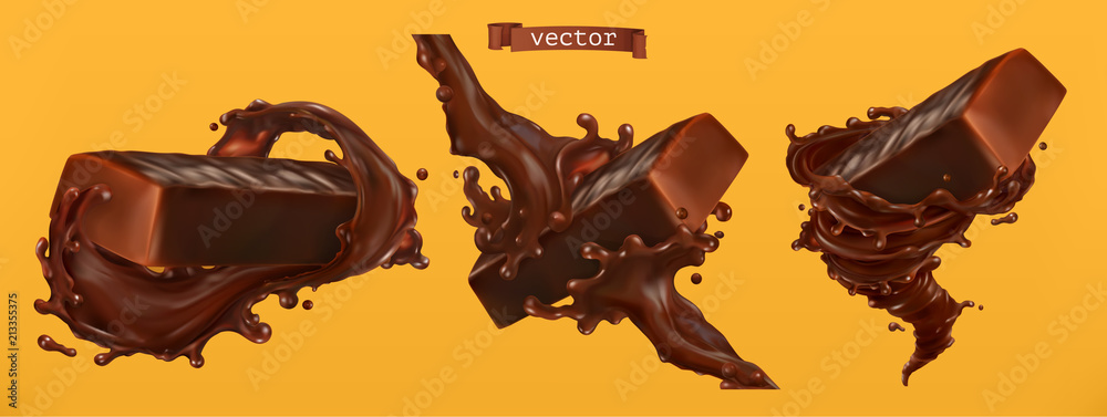 Wall mural chocolate bar with splash. 3d realistic vector