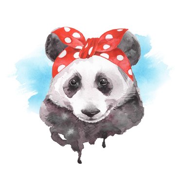 Cute panda wearinf bandana. Watercolor illustration