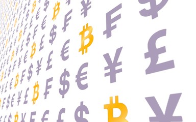 Bitcoin and currency on a white background. Digital Cryptocurrency symbol. Business concept. Market Display. 3D illustration