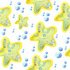 Fototapeta na wymiar Seamless pattern with watercolor stylized yellow starfish and bubbles isolated on white background.