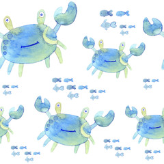 Seamless pattern with watercolor stylized crabs and small fish isolated on white background.