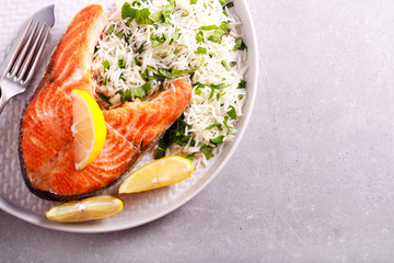 Salmon steak and herb basmati rice