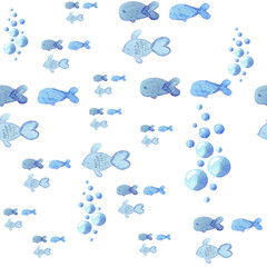 Seamless pattern with watercolor stylized bubbles and small fishes isolated on white background.