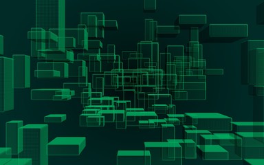 Green and dark abstract digital and technology background. The pattern with repeating rectangles. 3D illustration