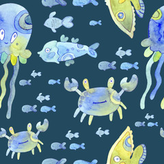 Seamless pattern with watercolor stylized jellyfish, crabs and fish isolated on blue background.