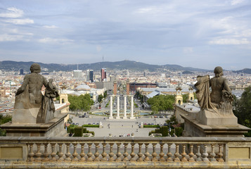 Panoramic view of Plaza de Espana Barcelona from the Museum of Arts View of the sculptures of the Palace in front