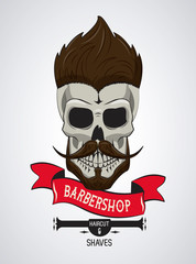 Barbershop vintage emblem with skull retro drawings vector illustration graphic design