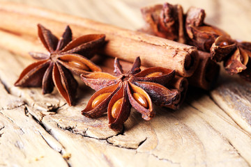 cinnamon and star anise. Christmas holiday on ooden boards background .