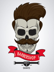 Barbershop vintage emblem with skull retro drawings vector illustration graphic design
