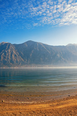 Sunny winter Mediterranean landscape. Montenegro, view of Bay of Kotor , Adriatic Sea