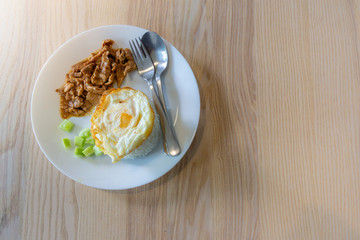 Selective foucus, Steam rice with fried egg and stir-fried pork with garlic,Thai food