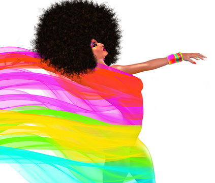 Beautiful African woman in a colorful flowing ribbons outfit, wearing a trendy, curly Afro hairstyle. Our unique 3d rendered digital model, art fashion designs  get attention for your project.