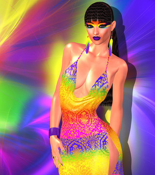 Trendy Fashion design scene with bold colors. Woman wearing a sexy skirt and top against a rainbow colored background. Unique 3d rendered digital model and art fashion scene.