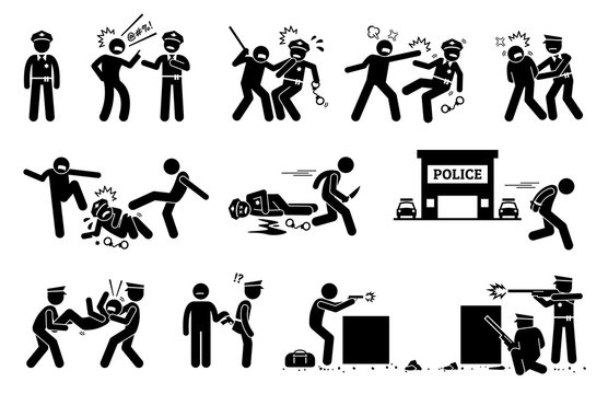 Man fighting, obstructing, and resisting police arrest. Pictogram depicts criminal threatening the law and order of justice by assaulting policeman. 