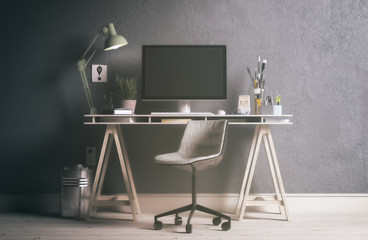 Skandinavisches, nordisches Arbeitszimmer mit einem Schreibtisch - Home Office - Büro - Heimarbeit - Retro Look