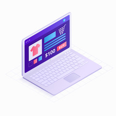 Laptop Isometric 3D in flat design vector illustration. Online shopping icon isolated on white background. Concept of digital technology with infographic elements for presentation, landing page