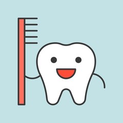 Happy cute tooth carrying toothbrush, dental related icon, filled outline