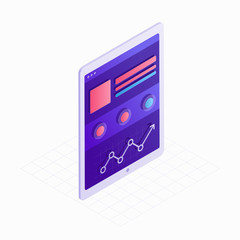 Tablet isometric icon with touchscreen and website 3D design vector illustration. Concept of digital technology with infographic elements for presentation, landing page