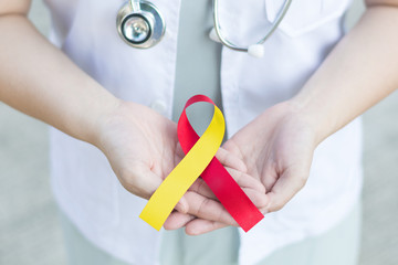 Red and Yellow awareness ribbon for Hepatitis C, HIV/HCV Co-Infection and Surviving family members of Suicide victims.World hepatitis day