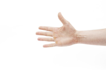 Man's open hand on a white background. All five fingers are clearly visible. Isolated